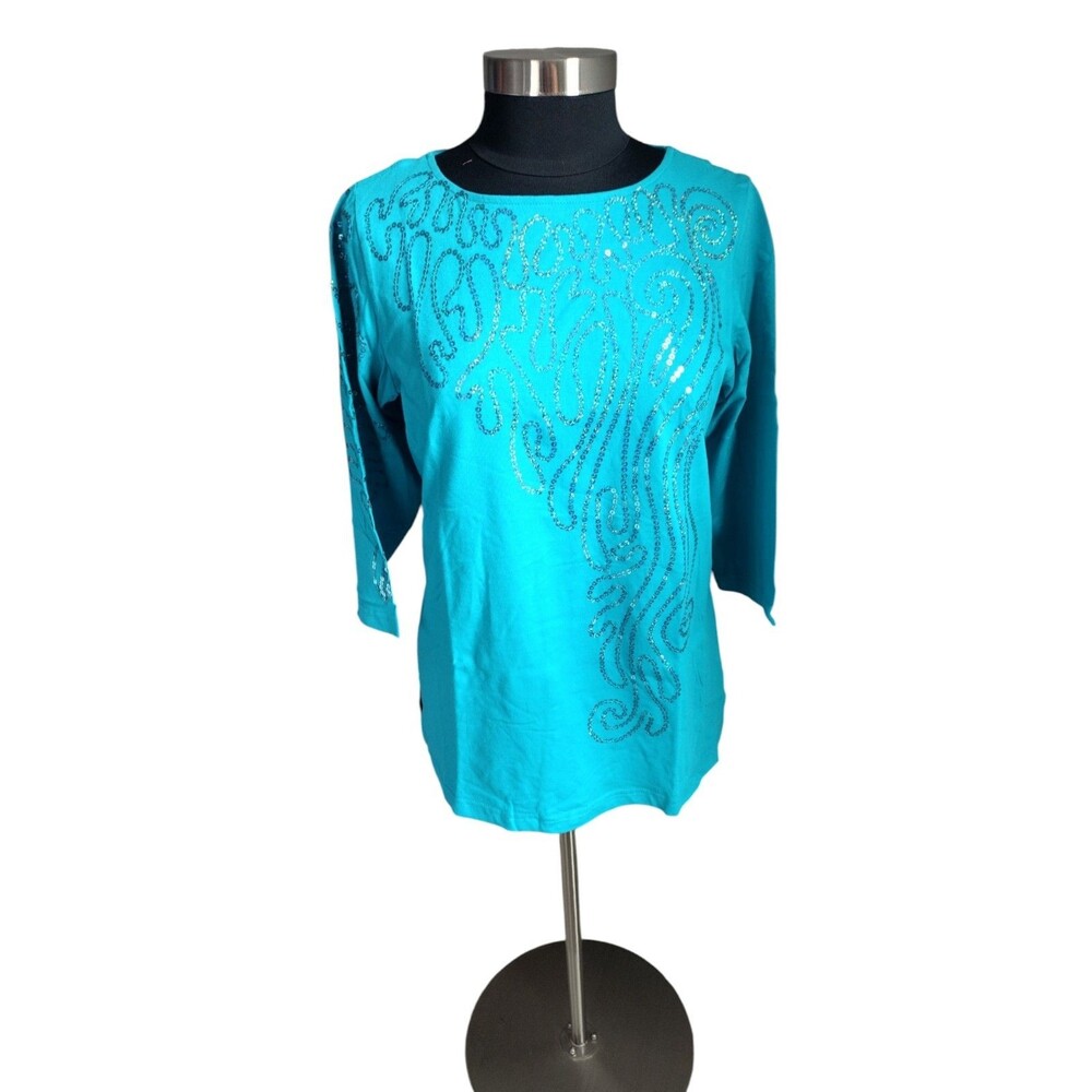 Bob Mackie Wearable Art Turquoise Sequined Embellished 3/4 Sleeve Top Medium
